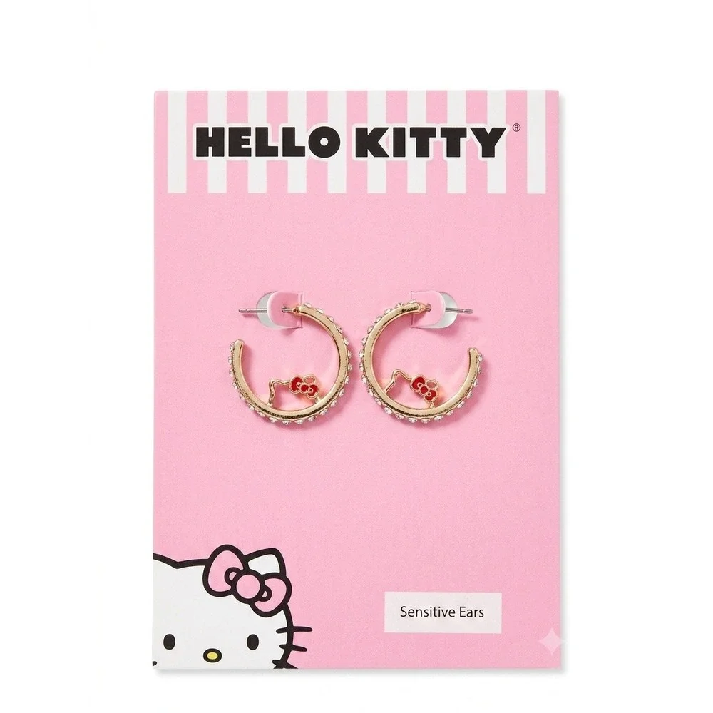 Hello Kitty Sanrio Gold Tone Rhinestone Hoop Earrings Red Bow Sensitive Ears NEW